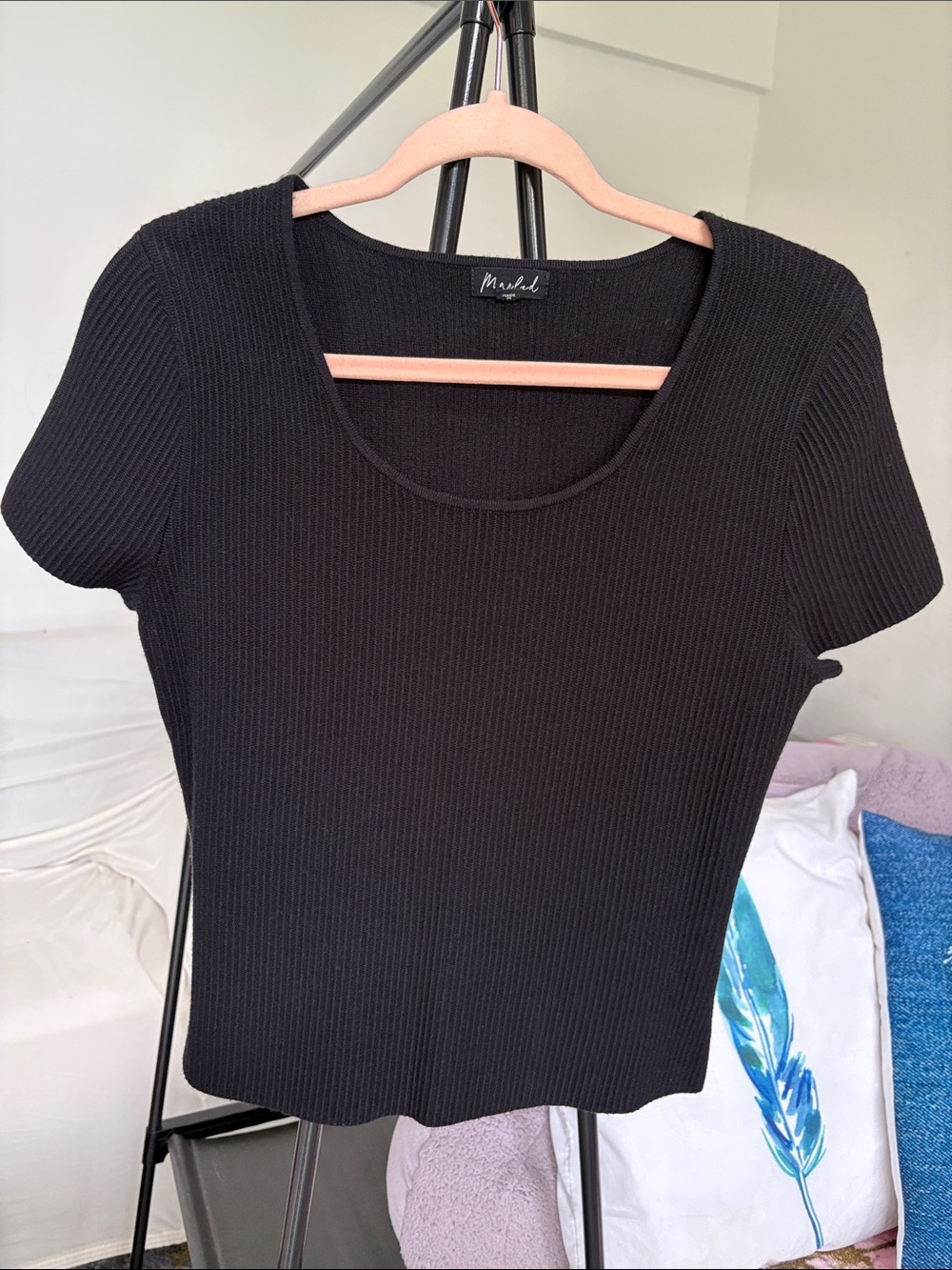 MINKPINK Black Ribbed Scoop-Neck Short Sleeve Top
